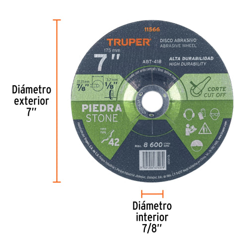 Disco Tipo 42 de 7" x 3.2 mm para corte de piedra, Truper