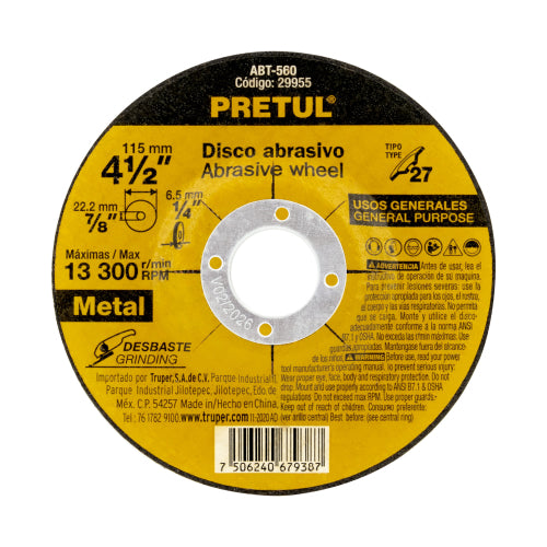 Disco Tipo 27 de 4-1/2" x 6.2 mm desbaste de metal, Pretul