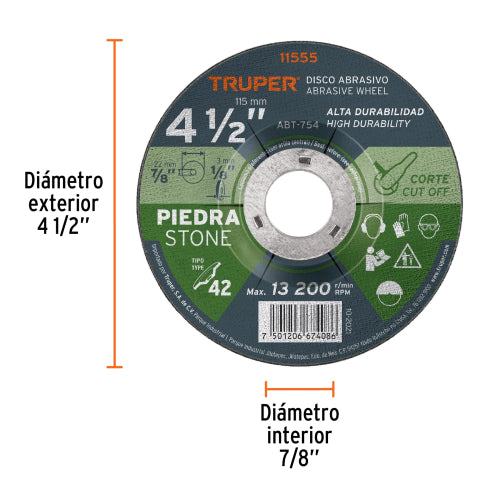 Disco Tipo 42 de 4-1/2" x 3.2 mm para corte de piedra