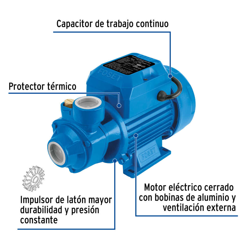 Bomba periférica 1/2HP, altura máx 25m, uso agrícola, FOSET