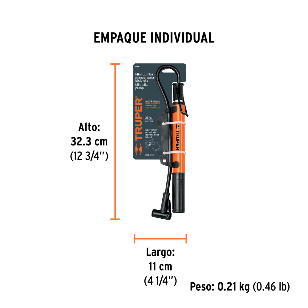 Mini bomba manual para bicicleta, 60 PSI, TRUPER