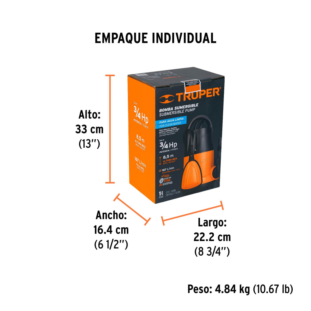 Bomba sumergible plástica, 3/4 HP para agua limpia, Truper