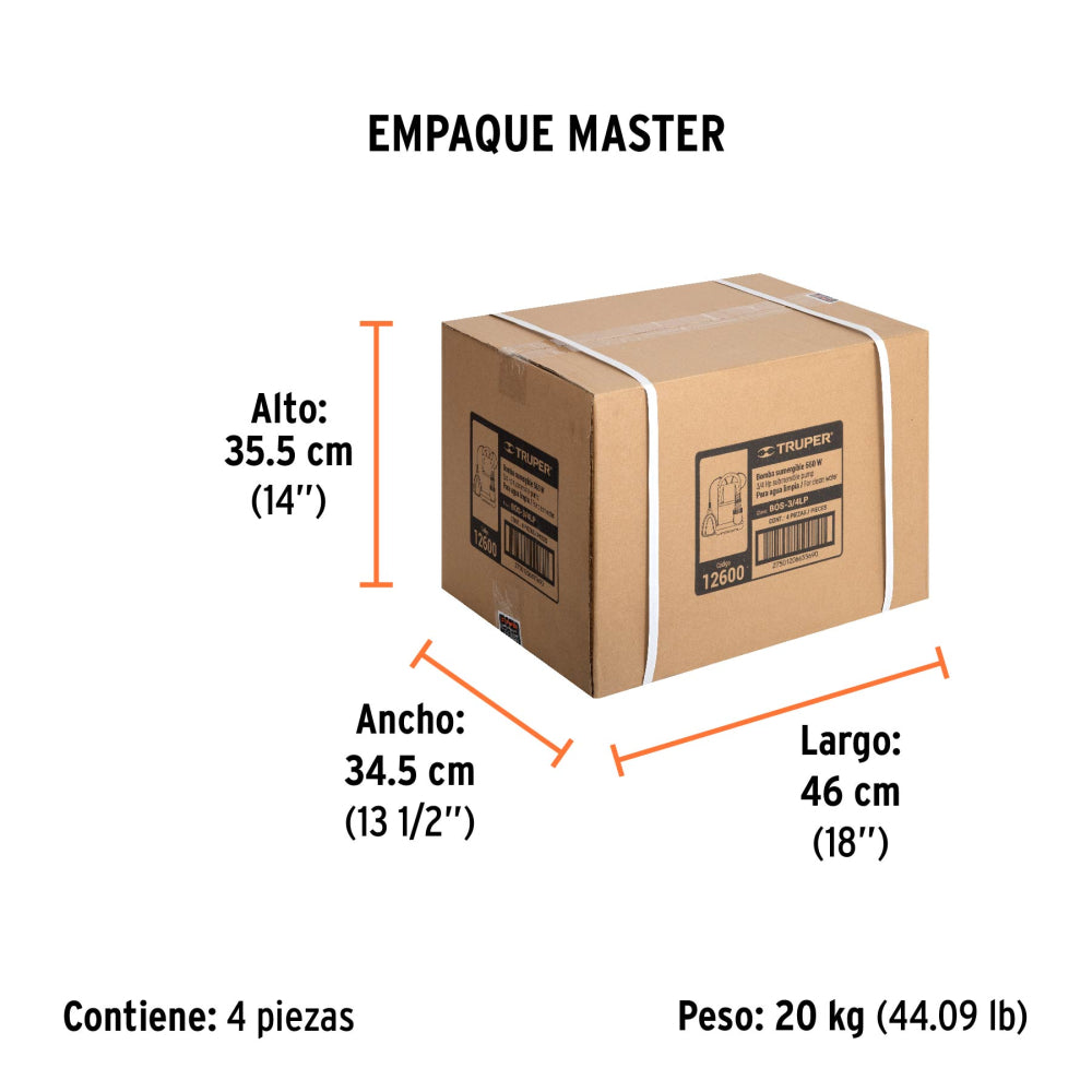 Bomba sumergible plástica, 3/4 HP para agua limpia, Truper