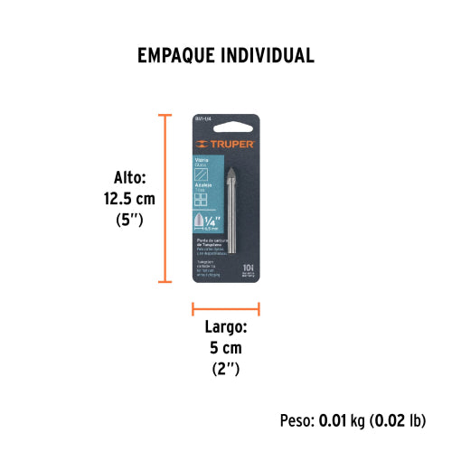 Broca para vidrio y azulejo de 1/4", Truper