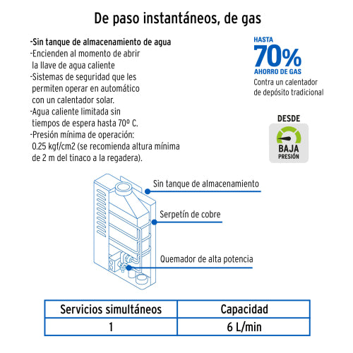 Calentador instantáneo, 6L, 1 servicio, gas LP, Foset