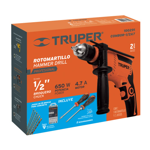 Combo rotomartillo/destornillador 1/2" 650W, 8 acc, PRO