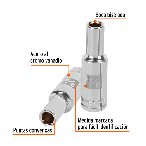 Dado largo de 3/8", 6 puntas, cuadro 1/2", Truper
