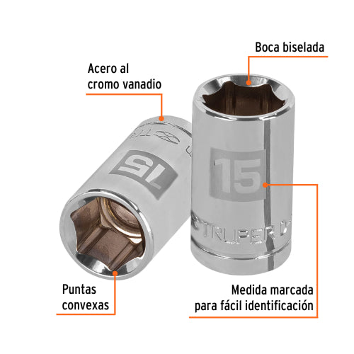 Dado de 15 mm, 6 puntas, cuadro 1/2", Truper
