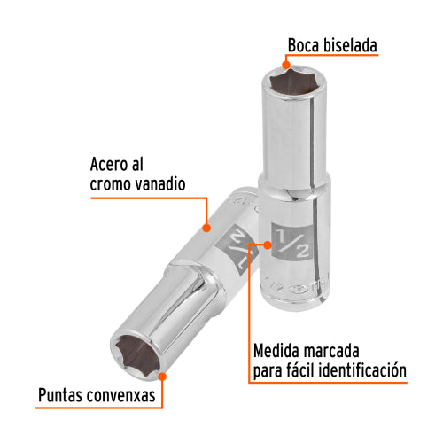Dado largo de 1/2", 6 puntas, cuadro 1/2", Truper