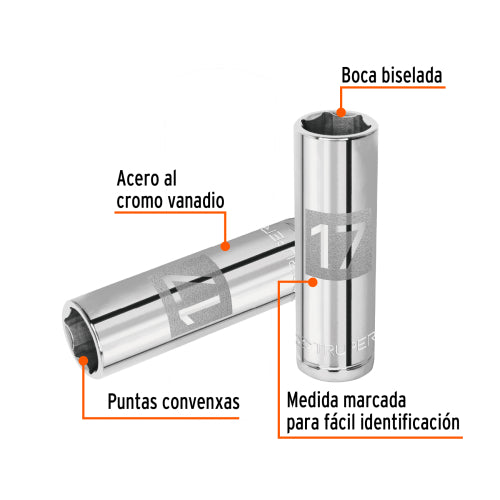 Dado largo de 17 mm, 6 puntas, cuadro 1/2", Truper