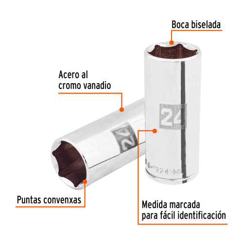 Dado largo de 24 mm, 6 puntas, cuadro 1/2", Truper