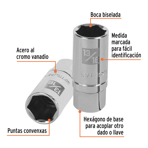Dado largo para bujía de 13/16", 6 puntas, cuadro 1/2"