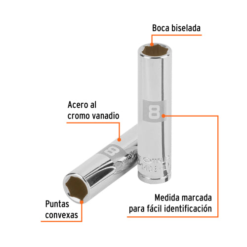 Dado largo de 8 mm, 6 puntas, cuadro 1/4", Truper