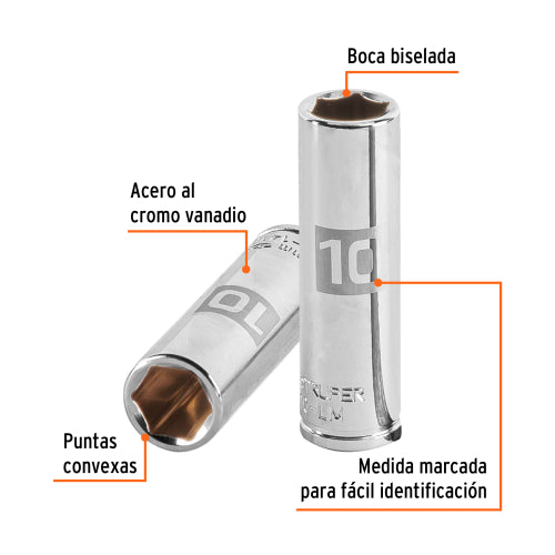 Dado largo de 10 mm, 6 puntas, cuadro 1/4", Truper