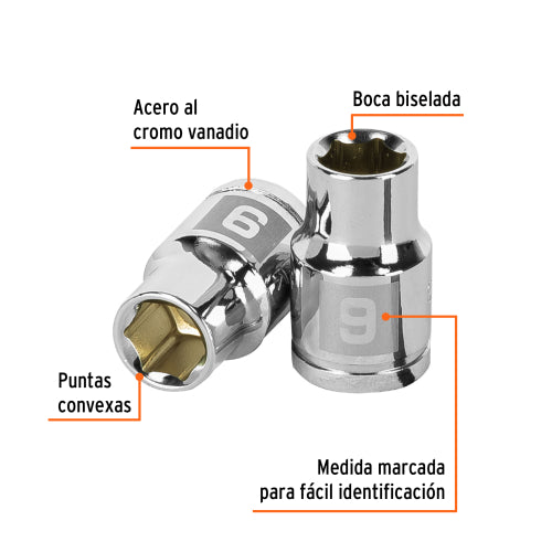 Dado de 9 mm, 6 puntas, cuadro 3/8", Truper