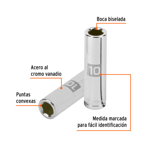 Dado largo de 10 mm, 6 puntas, cuadro 3/8", Truper