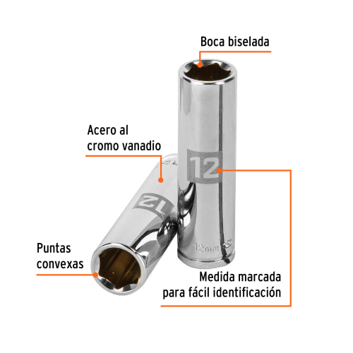 Dado largo de 12 mm, 6 puntas, cuadro 3/8", Truper