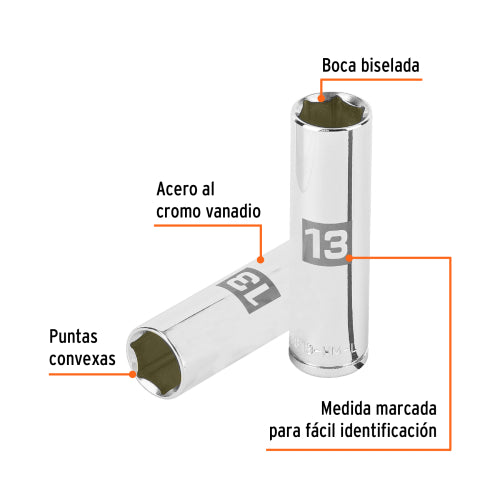 Dado largo de 13 mm, 6 puntas, cuadro 3/8", Truper
