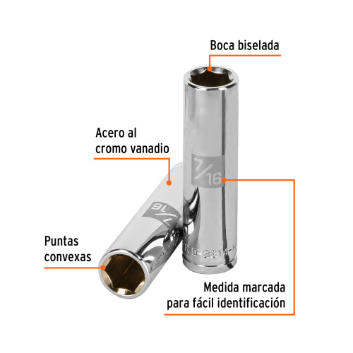 Dado largo de 7/16", 6 puntas, cuadro 3/8", Truper