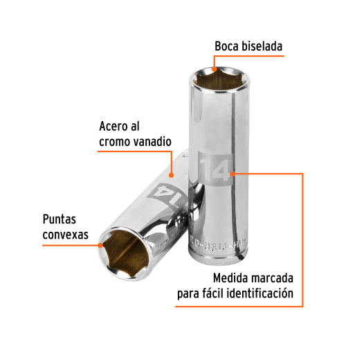 Dado largo de 14 mm, 6 puntas, cuadro 3/8", Truper