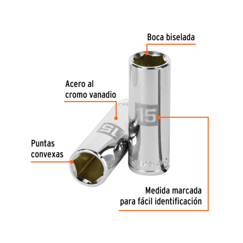 Dado largo de 15 mm, 6 puntas, cuadro 3/8", Truper