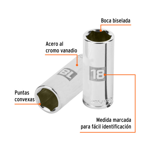 Dado largo de 18 mm, 6 puntas, cuadro 3/8", Truper