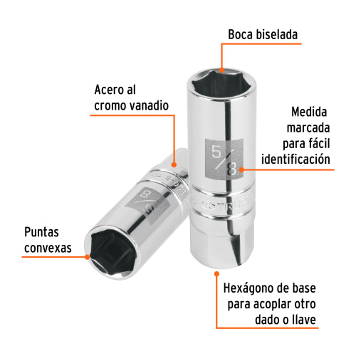 Dado para bujías de 5/8", 6 puntas, cuadro 3/8", Truper