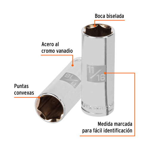 Dado largo de 11/16", 6 puntas, cuadro 3/8", Truper