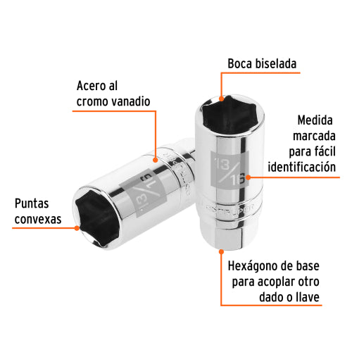 Dado para bujías de 13/16", 6 puntas, cuadro 3/8", Truper