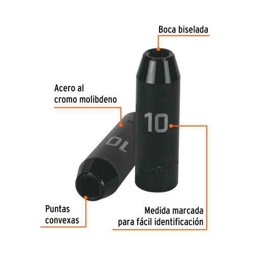 Dado largo cuadro 1/2" de impacto 6 puntas de 10 mm, Truper