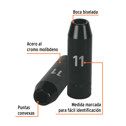 Dado largo cuadro 1/2" de impacto 6 puntas de 11 mm, Truper