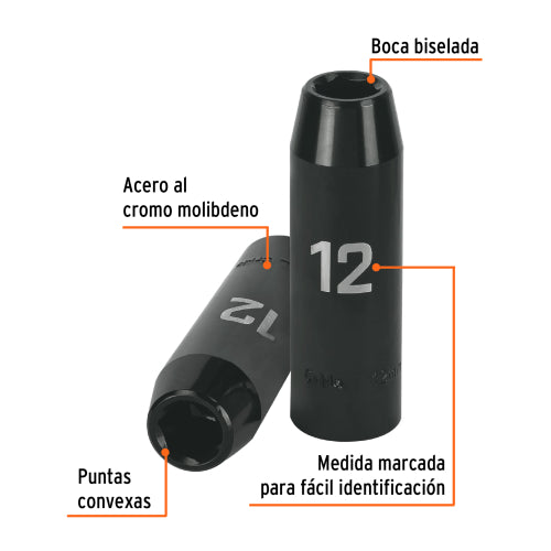 Dado largo cuadro 1/2" de impacto 6 puntas de 12 mm, Truper