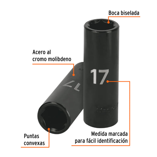 Dado largo cuadro 1/2" de impacto 6 puntas de 17 mm, Truper