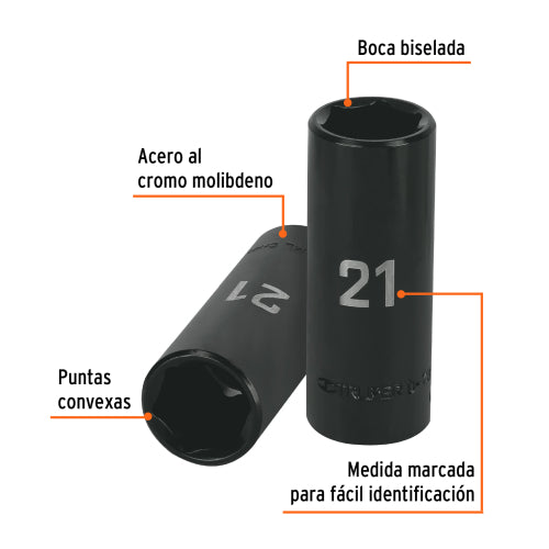 Dado largo cuadro 1/2" de impacto 6 puntas de 21 mm, Truper