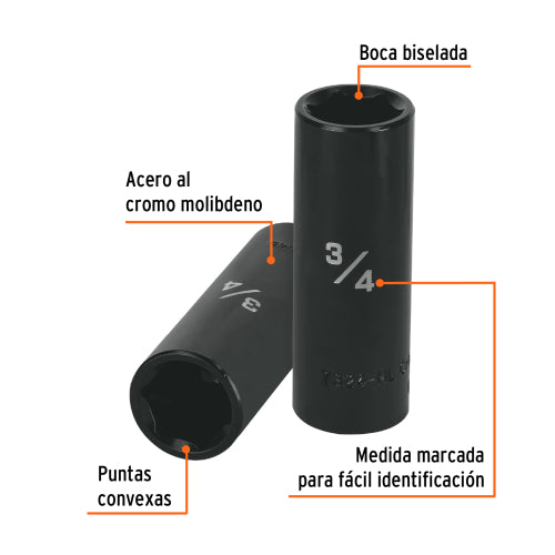 Dado largo impacto de 3/4", 6 puntas, cuadro 1/2", Truper