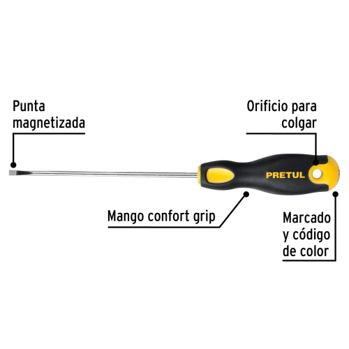 Desarmador cabinet 1/8 x 4" mango Comfort Grip, Pretul