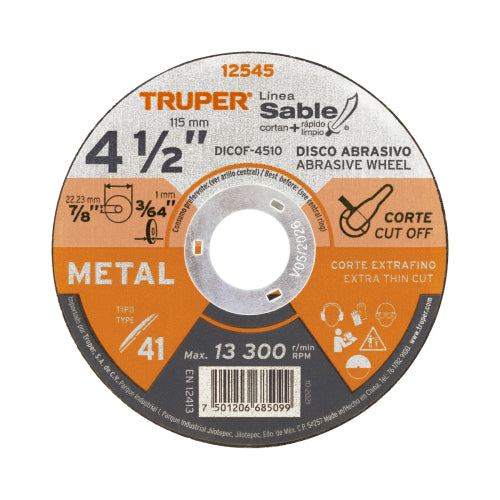 Disco Tipo 41 de 4-1/2" x 1 mm corte fino de metal, Sable