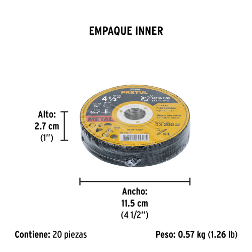 Disco Tipo 41 de 4-1/2" x 1.2 mm corte fino de metal, Pretul