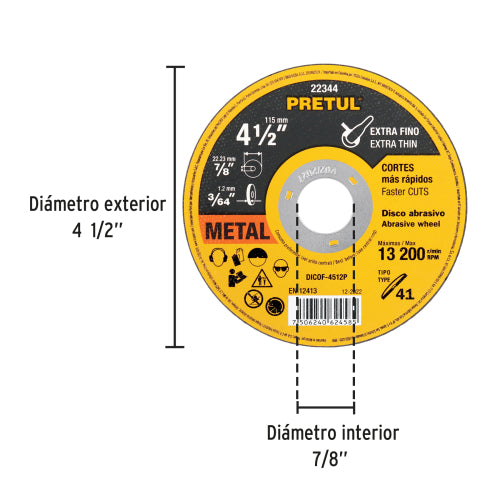 Disco Tipo 41 de 4-1/2" x 1.2 mm corte fino de metal, Pretul
