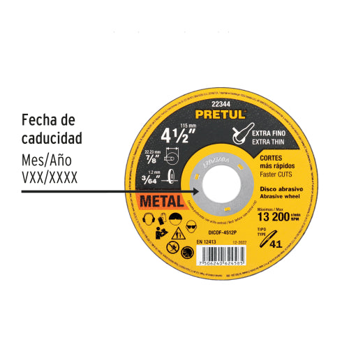 Disco Tipo 41 de 4-1/2" x 1.2 mm corte fino de metal, Pretul