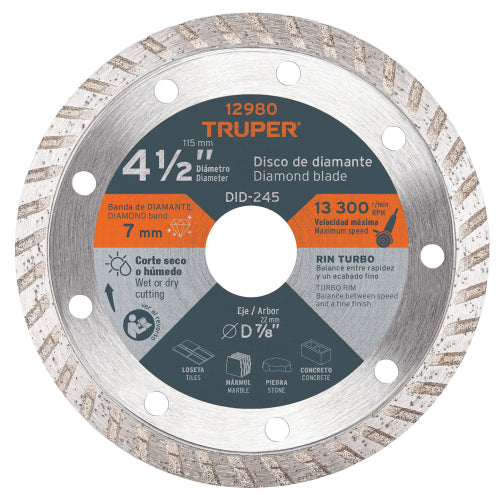 Disco de diamante de 4-1/2" x 2.2 mm, rin turbo, TRUPER