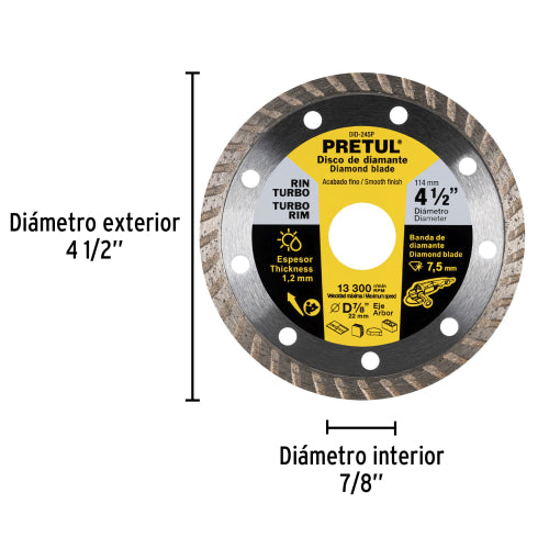 Disco de diamante de 4-1/2" x 1.2 mm, rin turbo, PRETUL