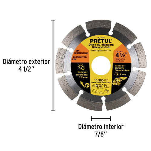 Disco de diamante de 4-1/2" x 1.2 mm rin segmentado, PRETUL