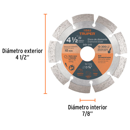 Disco de diamante de 4-1/2" x 2.1 mm, rin segmentado, TRUPER