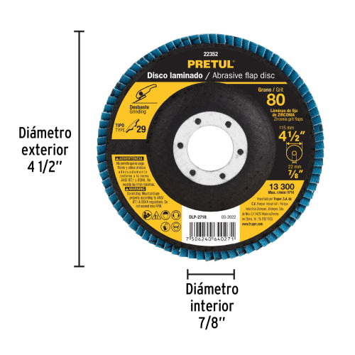 Disco laminado 4-1/2", grano 80 centro 7/8", fibra, PRETUL
