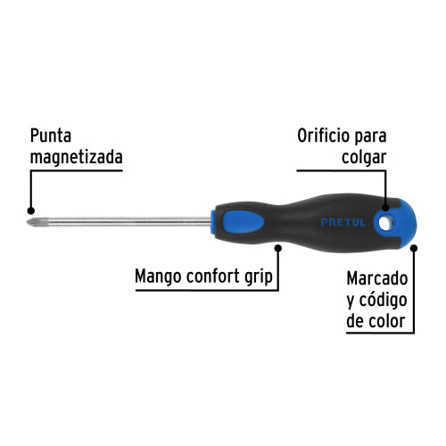 Desarmador de cruz 1/4" x 4" mango Comfort Grip, Pretul