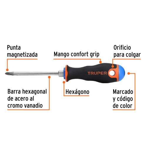 Desarmador de cruz 1/4" x 4" mango Comfort Grip, Truper