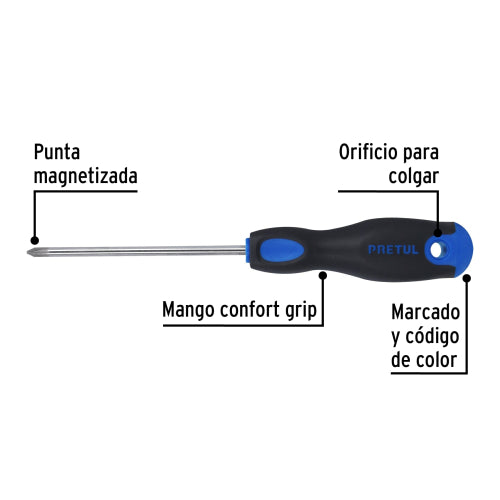 Desarmador de cruz 3/16" x 4" mango Comfort Grip, Pretul