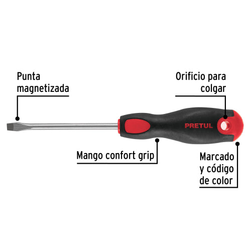 Desarmador plano 1/4" x 4"mango Comfort Grip, Pretul