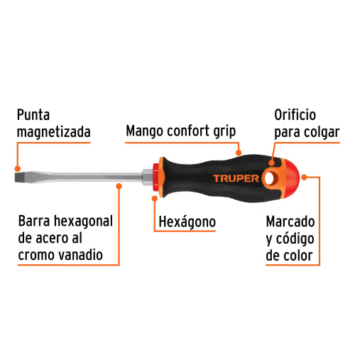 Desarmador plano 1/4" x 4" mango Comfort Grip, Truper